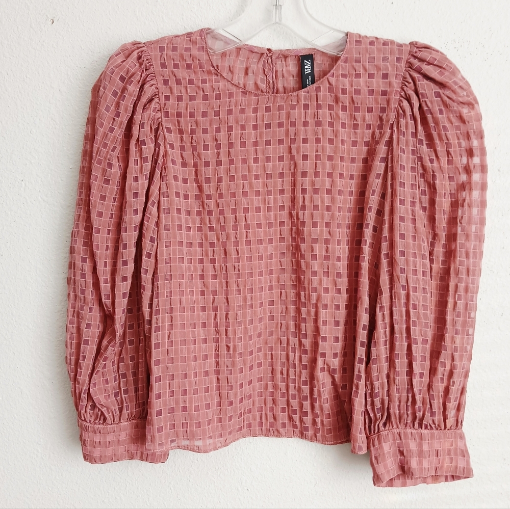 Zara Balloon Sleeve Dusty Pink Crosshatch Crepe Fabric Blouse Top Feminine